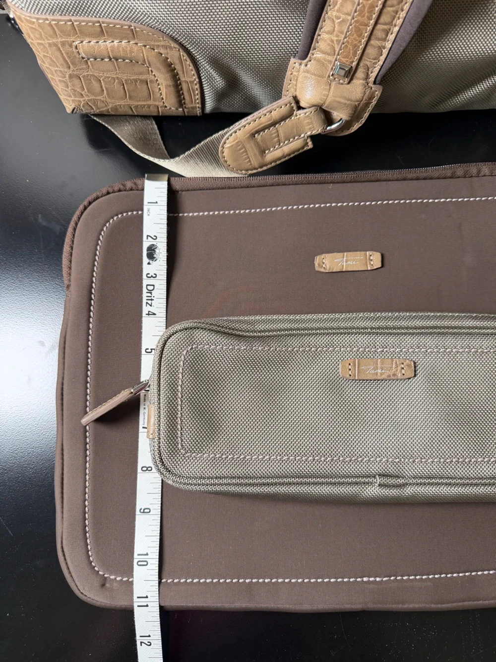Tumi Tan & Taupe Laptop Bag Set with padded sleeve and accessory pouch.
